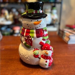 Pier 1 Snowman Cookie Jar with Red and Green Details
